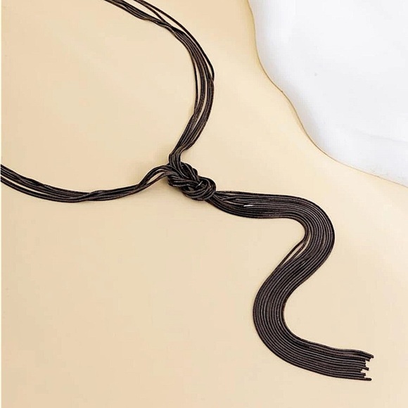 Y Lariat Gunmetal Tassel Fringe Knot Statement Necklace - Picture 4 of 7
